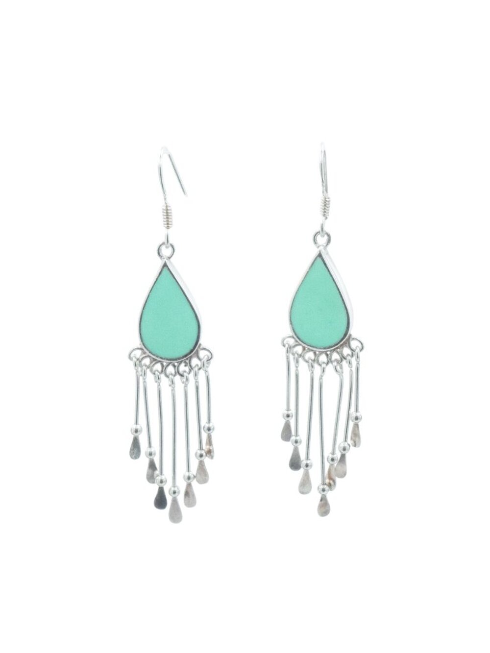Sterling Silver Turquoise Enamel Teardrop Fringe Dangle Earrings 2.5 Inches